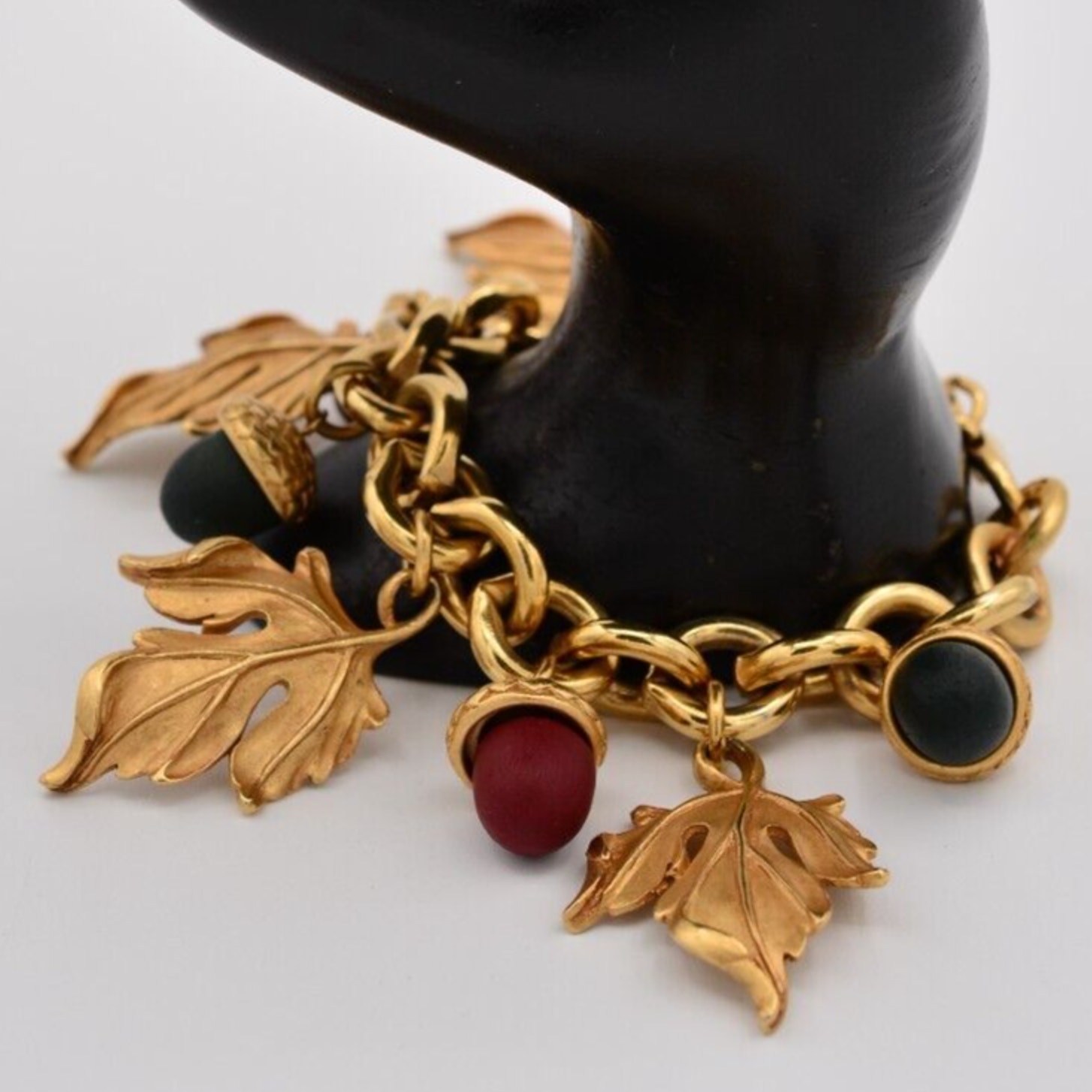 Dkny Vintage Leaf Charm Bracelet Acorn Brushed Gold Antiqued Heavy Signed Bin7 250$